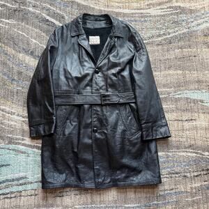 Vintage 90's Deerskin Trading Post Cabretta Leather Black Trench Coat Jacket L